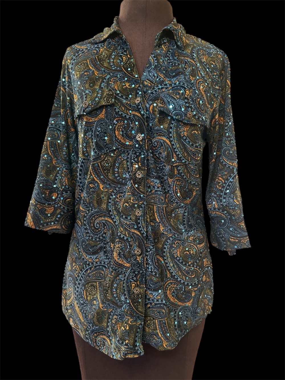 Men’s Sparkly Paisley Button-Front Shirt in Teal and Gold